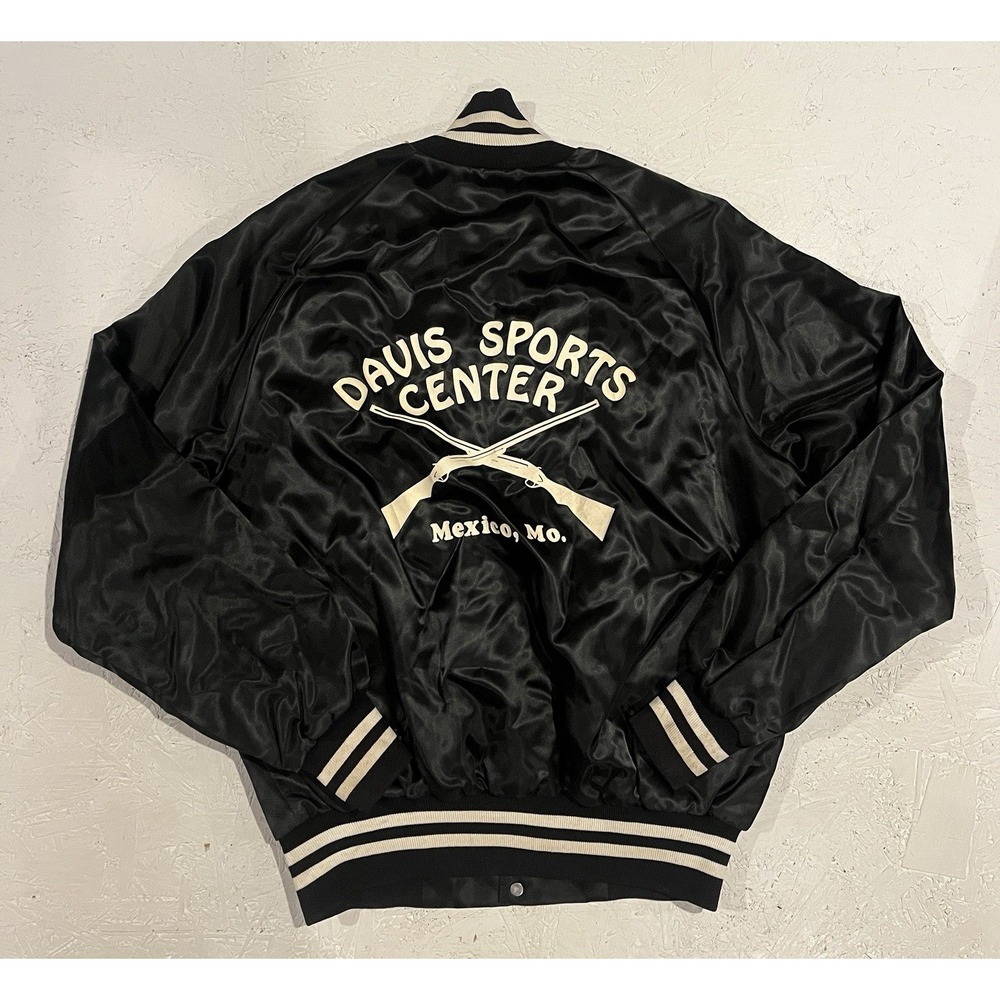Vintage West Ark Bomber Jacket Satin Davis Sports Center Guns Rifle Mens M Black